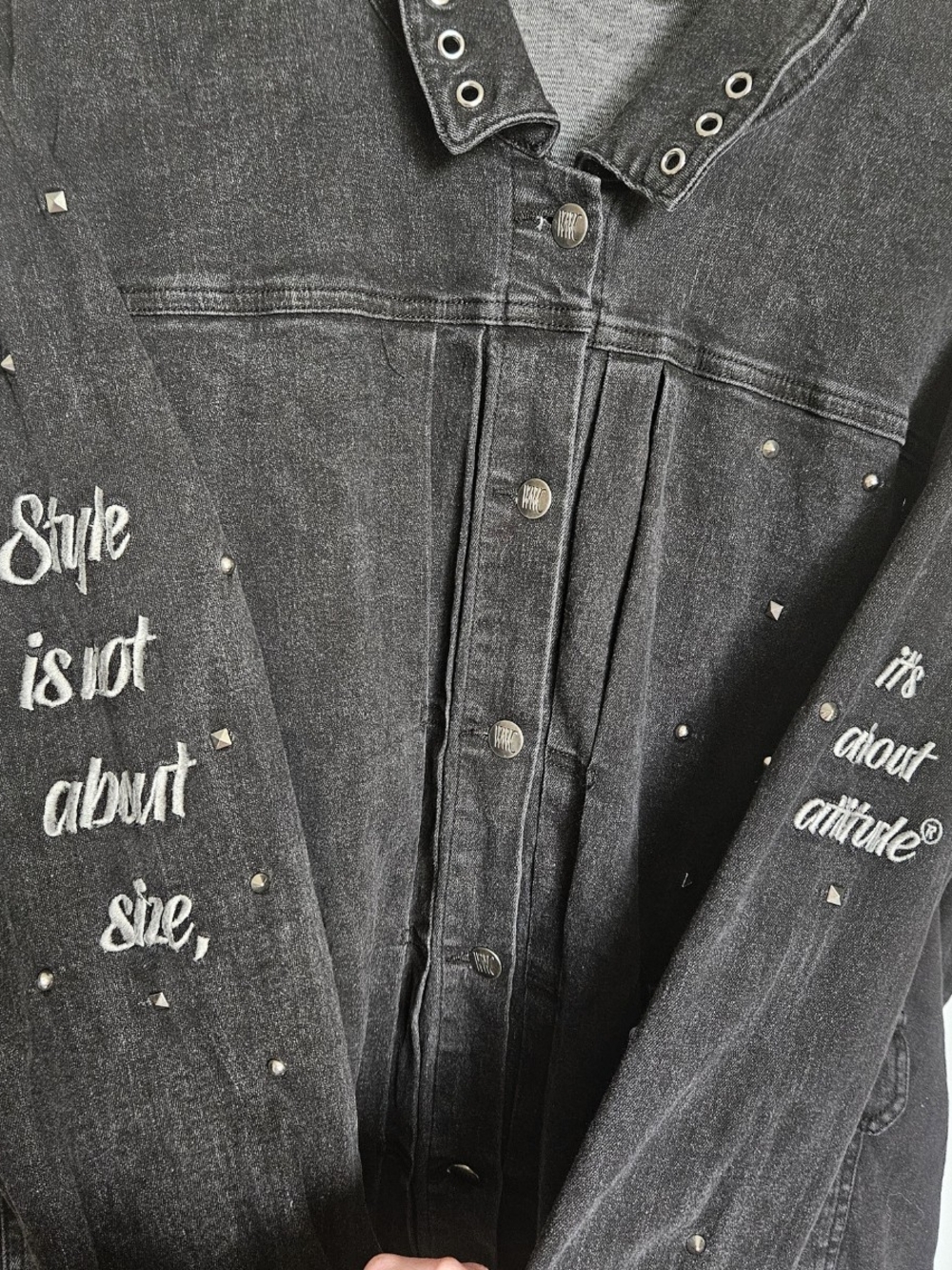 Women with Control Women's Plus Size 3X Black Distressed Studded Denim Jacket